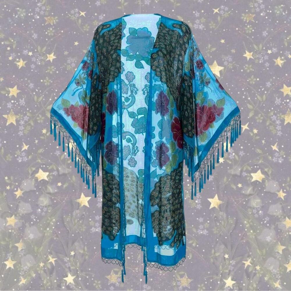Vintage Silk Velvet Burnout Witchy Kimono Beaded Fringe Duster